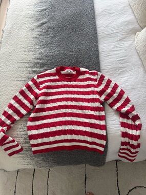 Frankie's Bikinis Red and White Striped Cable Crew Sweater